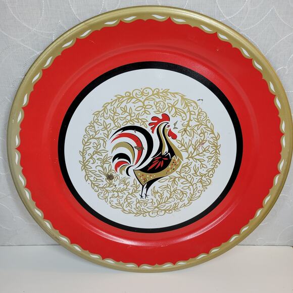 VINTAGE Stoyke Tray Platter 19" Round Red White Chicken Metal Mid Century 60s - Picture 1 of 16
